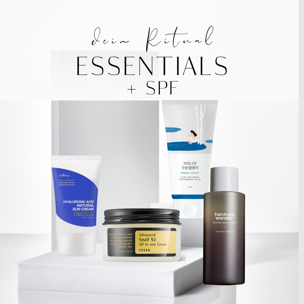 Morgen- & Abendroutine 'Essentials' + LSF50 + Hyaluronsäure, Niacinamid, Snail Mucin